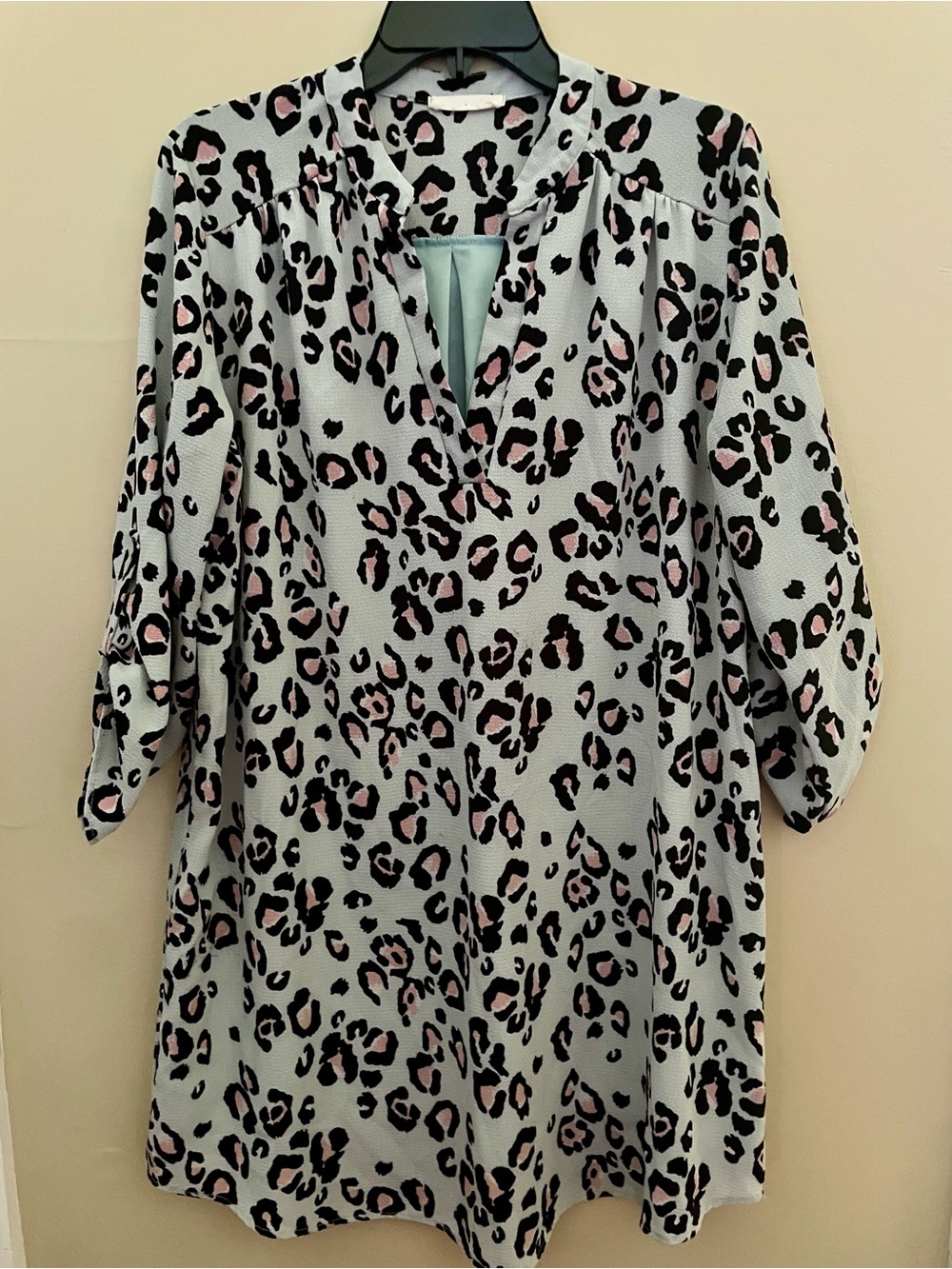 Entro Blue Leopard Print V-Neck Tunic Shift Dress 3/4 Tab Sleeve Size Large